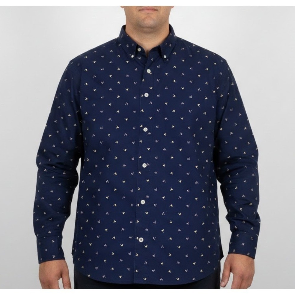 Nautica Men 3XT Shirt Navy Blue Nautical Flag Print Long Sleeve Button Up Preppy